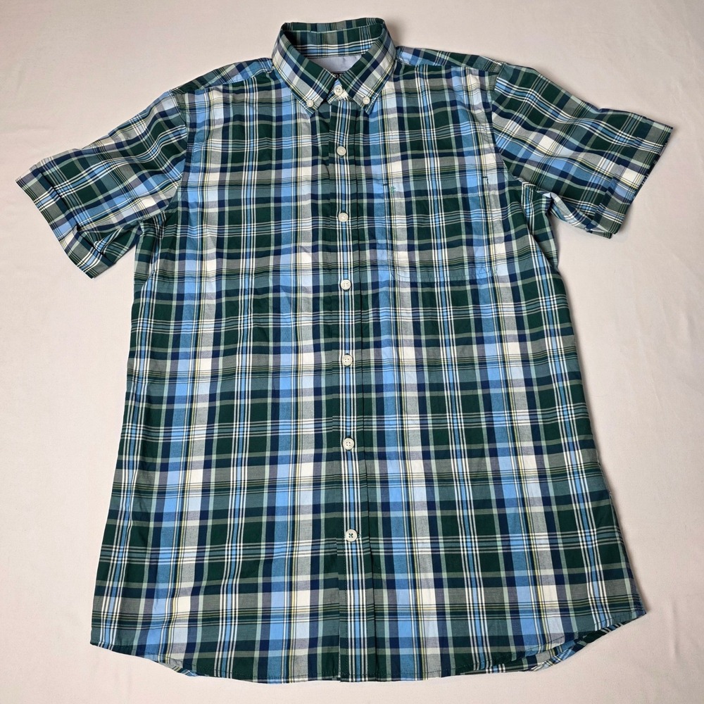 IZOD Button Down Shirt Mens Small Green Blue Plaid Short Sleeve 45GW068320